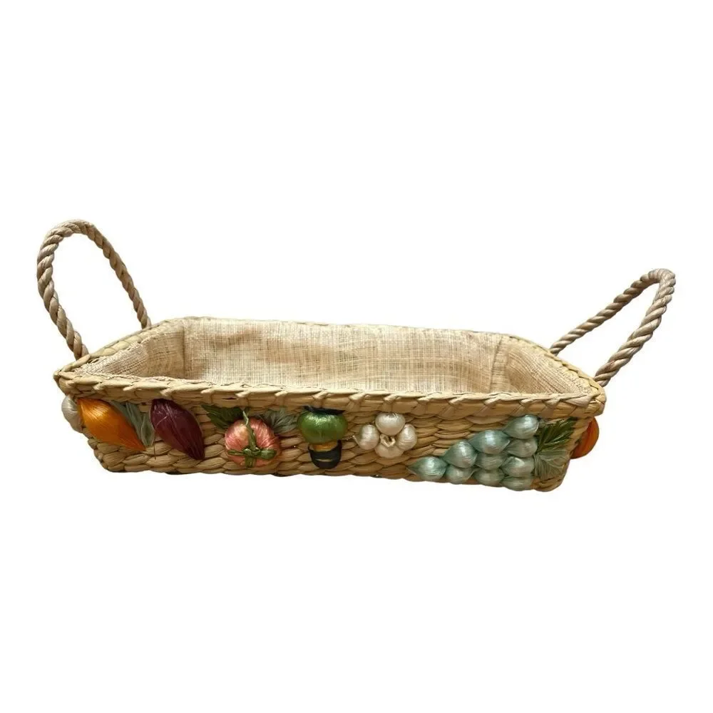 Vintage Cottage Fruit Basket Woven Raffia Harvest Centerpiece Decor